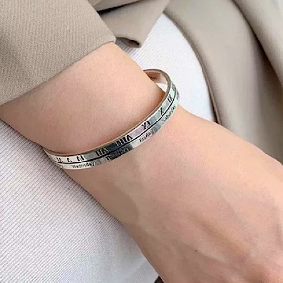 Sterling Silver Roman Numeral Bangle Cuff Bracelet - Picture 6 of 9